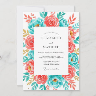 Convites Casamento Coral Teal Botanical Bliss