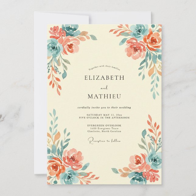 Convites Casamento Coral Teal Ranunculus Cinza Eucalipto (Frente)