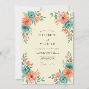 Convites Casamento Coral Teal Ranunculus Eucalipto Empoeira
