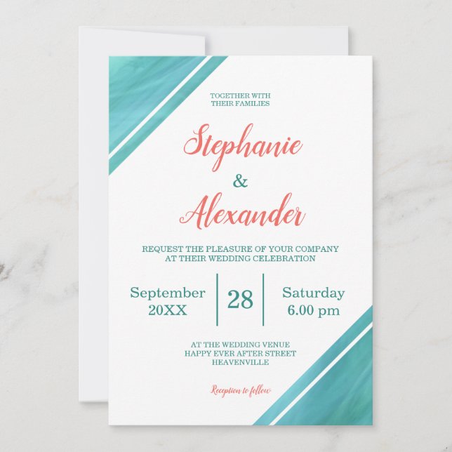 Convites Casamento Coral Teal Script (Frente)