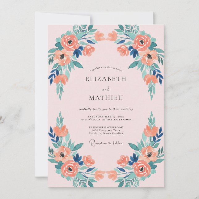 Convites Casamento Coral Turquesa Peônia (Frente)