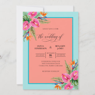 Convites Casamento Coral Turquesa Tropical Cinza Eucalipto