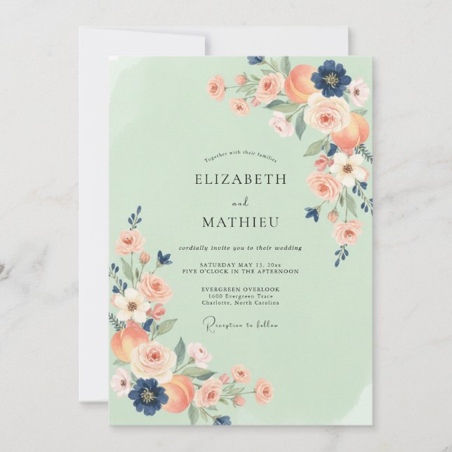 Convites Casamento Coral Verde-Menta Índigo Ranunculus Euca (Frente)