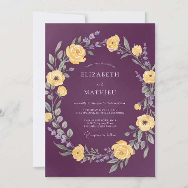 Convites Casamento Coroa Amarela Ameixa (Frente)