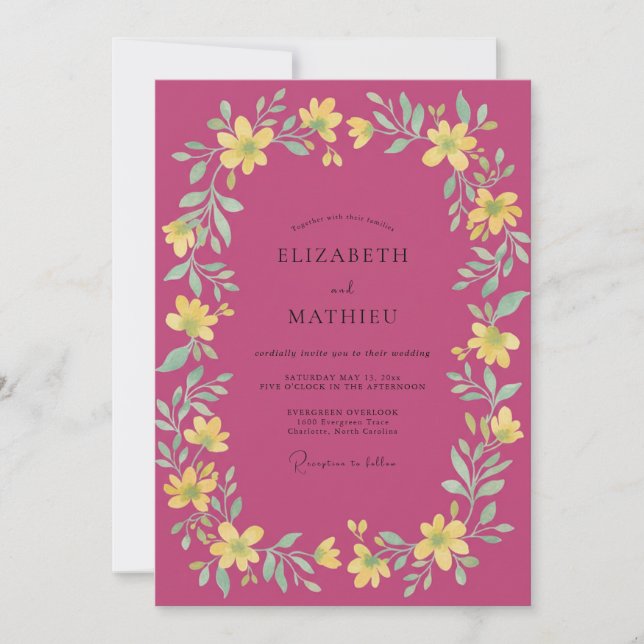 Convites Casamento Coroa Amarela Magenta (Frente)