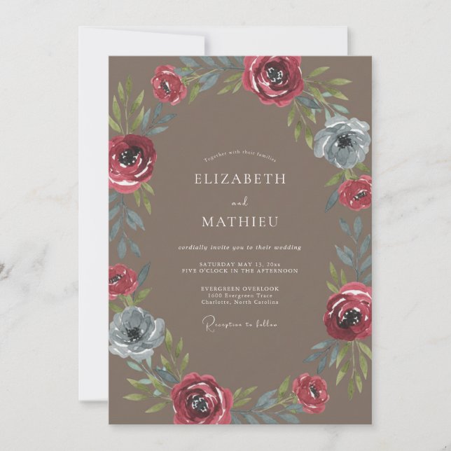 Convites Casamento Coroa Carmesim Taupe (Frente)