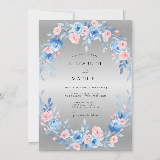 Convites Casamento Coroa de Aço Azul-Rosa (Frente)