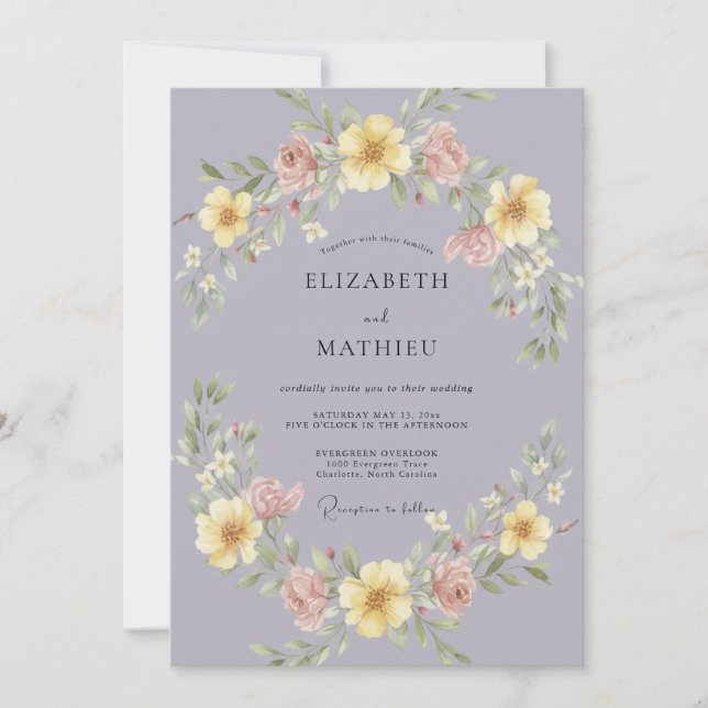 Convites Casamento Coroa de Amarelo e Malva (Frente)