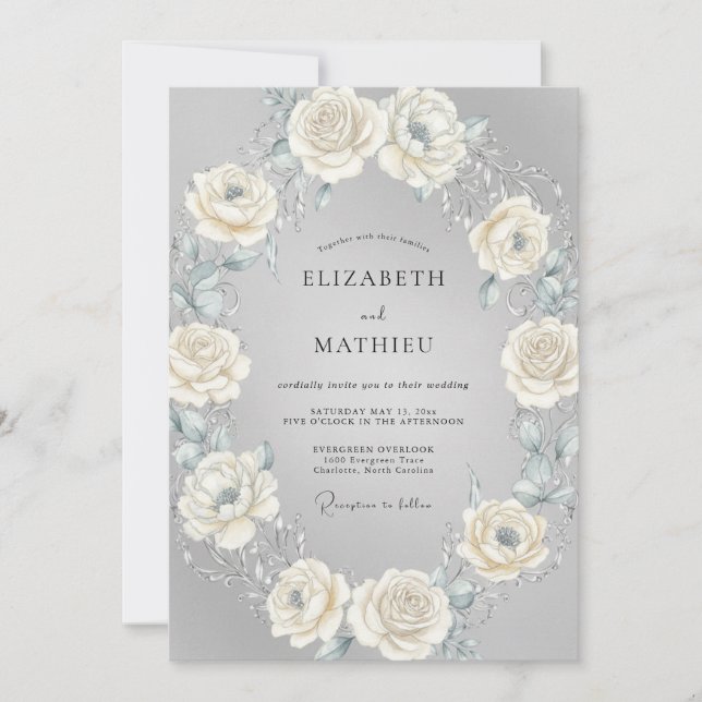 Convites Casamento Coroa de Creme Prateado (Frente)