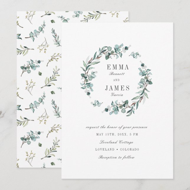 Convites Casamento Coroa de Eucalipto em Aquarela Elegante (Frente/Verso)
