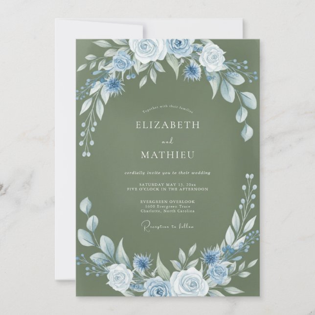 Convites Casamento Coroa de Musgo Azul (Frente)
