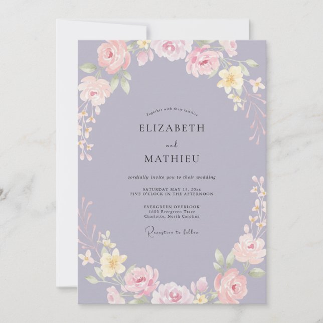 Convites Casamento Coroa de Pétala de Lilás Rosa (Frente)