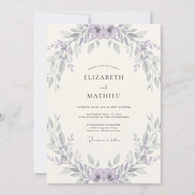 Convites Casamento Coroa de Prata e Lavanda (Frente)