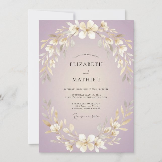 Convites Casamento Coroa Dourada Lilás (Frente)