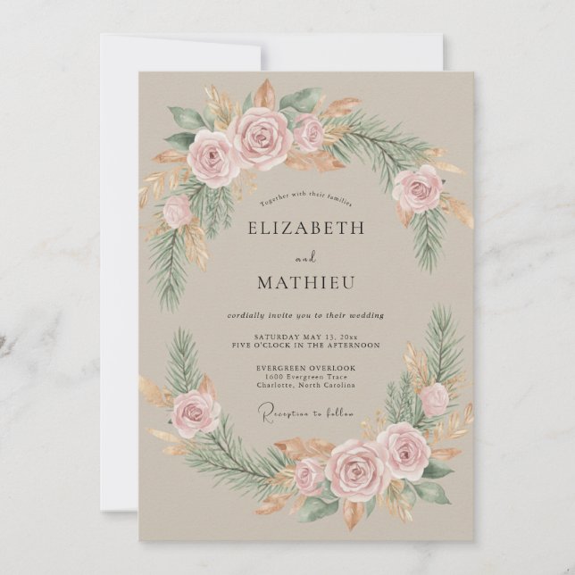 Convites Casamento Coroa Rosa Taupe (Frente)