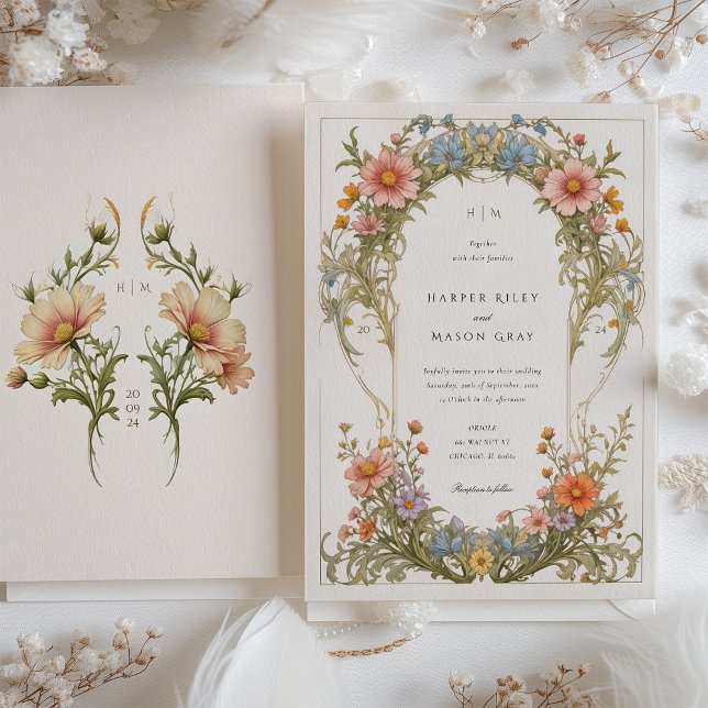 Convites Casamento Cosmos Wildflower Art Nouveau (Criador carregado)