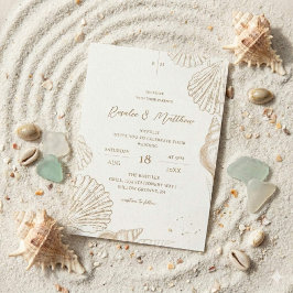 Convites Casamento Costeira Conchas de Ouro Branco Elegante