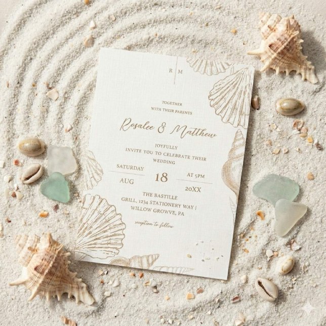 Convites Casamento Costeira Conchas de Ouro Branco Elegante (Criador carregado)