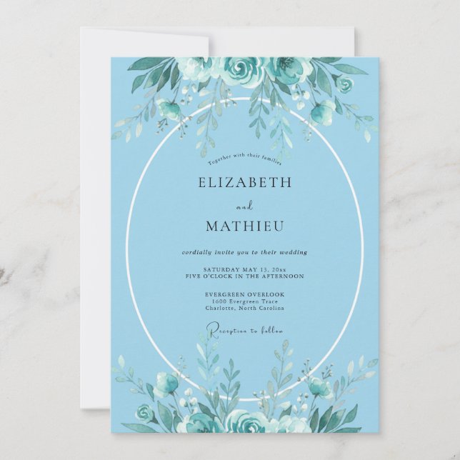 Convites Casamento Costeiro com Aquarela Azul Claro (Frente)