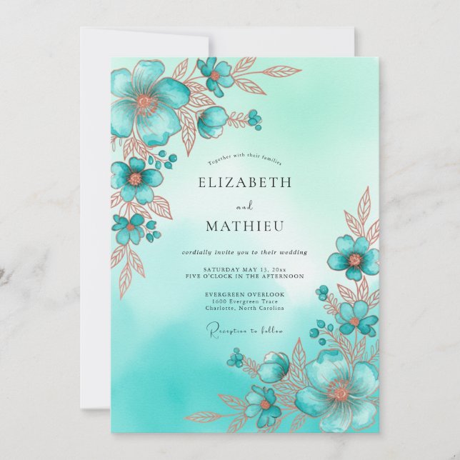 Convites Casamento Costeiro com Brilho Turquesa (Frente)