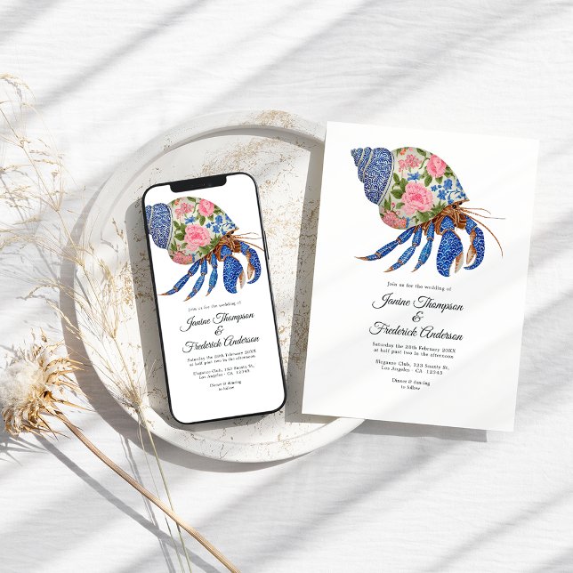 Convites Casamento Costeiro com Mariscos Florais (Floral Shelllfish Coastal Wedding Invitation)
