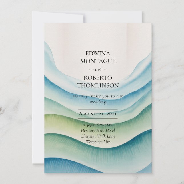 Convites Casamento Costeiro com Ondas Oceânicas em Aquarela (Frente)