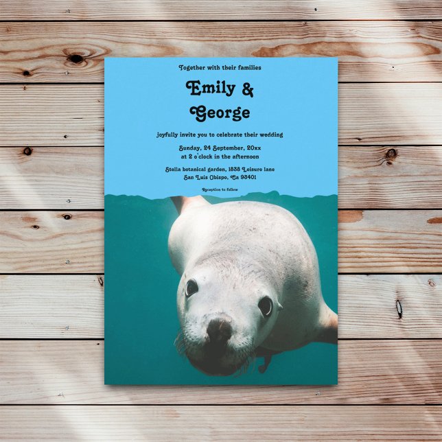 Convites Casamento Costeiro de Leão-Leão-Leão marinho Azul  (Criador carregado)