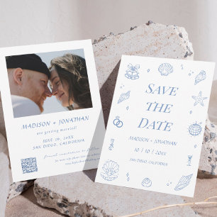 Convites Casamento Costeiro Desenhado à Mão Azul Salvar a D