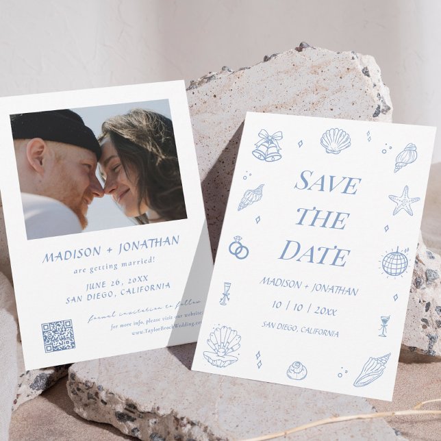 Convites Casamento Costeiro Desenhado à Mão Azul Salvar a D (Criador carregado)