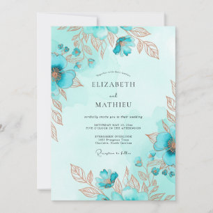 Convites Casamento Costeiro em Aquarela Metálica Verde Azul