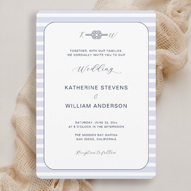 Convites Casamento Costeiro Náutico da Caligrafia do Nó Inf (beach wedding invitation nautical coastal blue stripes elegant modern infinity knot monograms modern)