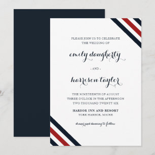 Convites Casamento Costeiro Náutico Stripes Vermelhas Azul