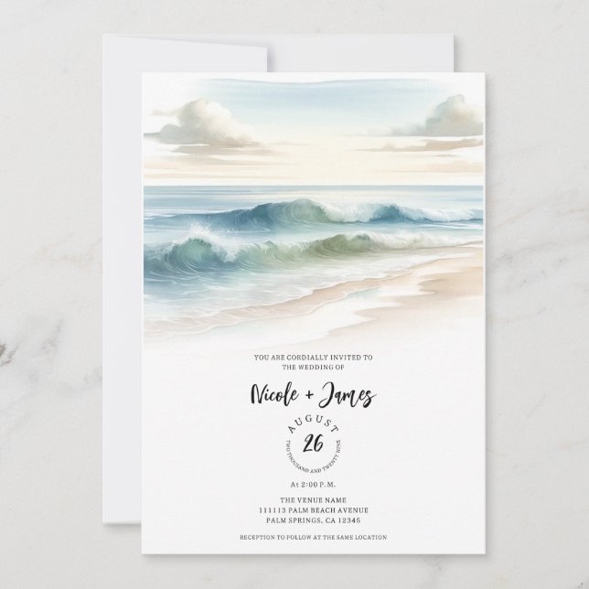 Convites Casamento Costeiro Rústico Ondas de Praia em Aquar (Frente)