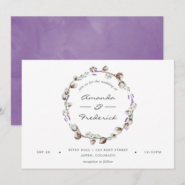 Convites Casamento Country Algodão Aquarela Lavanda (Frente/Verso)