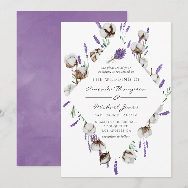 Convites Casamento Country Algodão Aquarela Lavanda (Frente/Verso)