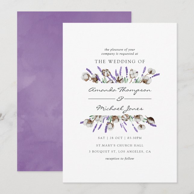 Convites Casamento Country Algodão Lavanda Aquarela (Frente/Verso)