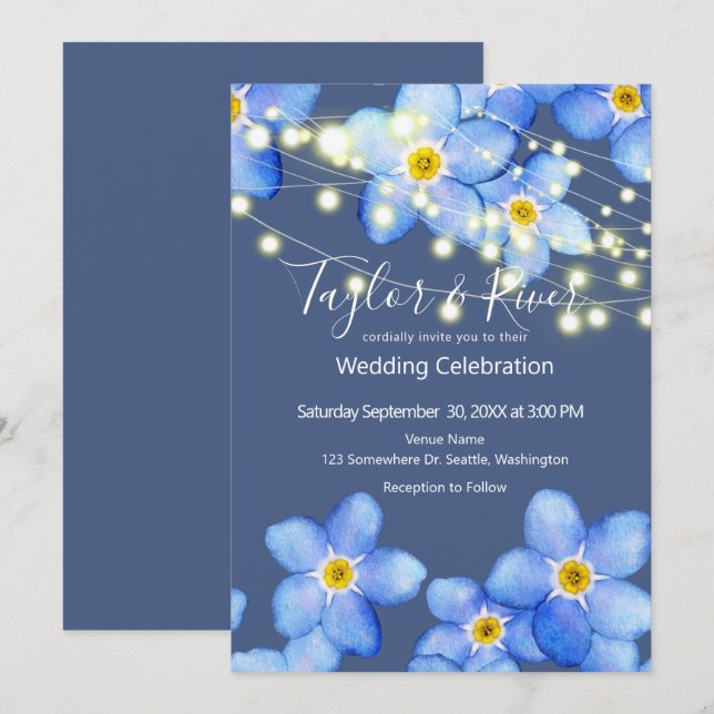 Convites Casamento Country Blue Forget-Me-Nots (Frente/Verso)