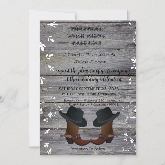 Convites Casamento Country com Chapéu Preto e Botas de Cowb (Frente)