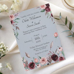 Convites Casamento Country com Flores Azul Poeirento e Burg