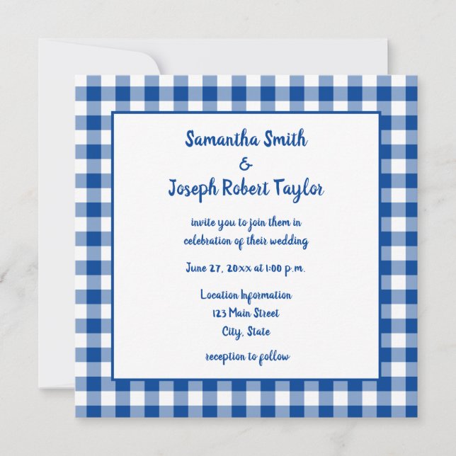 Convites Casamento Country com Xadrez Azul Profundo (Frente)