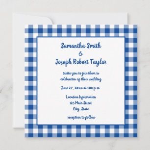 Convites Casamento Country com Xadrez Azul Profundo