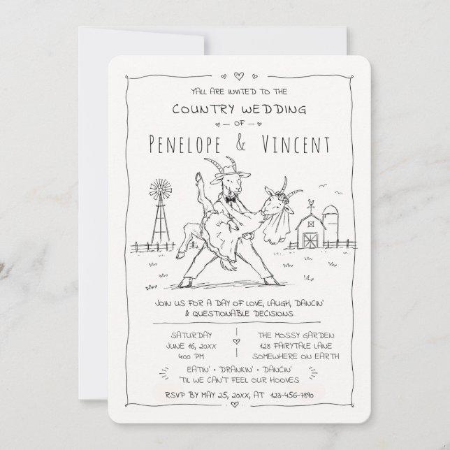Convites Casamento Country Dancing Goats (Frente)
