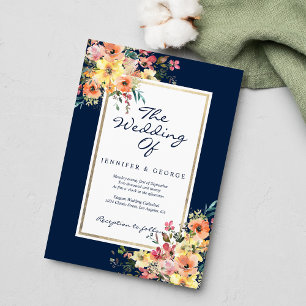 Convites Casamento country floral em azul marinho rosa cora