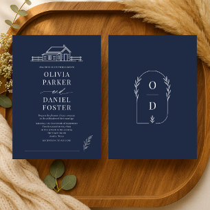 Convites Casamento Country Rústico Linha Arte Azul Marinho