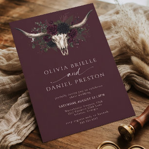 Convites Casamento Crânio de Longhorn Burgundy Sombrio Ocid