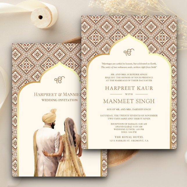 Convites Casamento Cream Ivory Dourado Punjabi Anand Karaj  (Criador carregado)