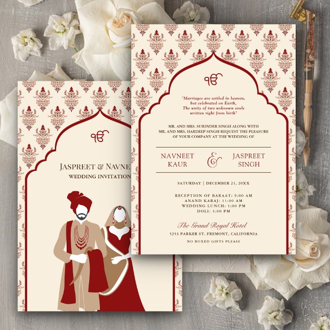 Convites Casamento Cream Red Punjabi Anand Karaj Sikh (Criador carregado)