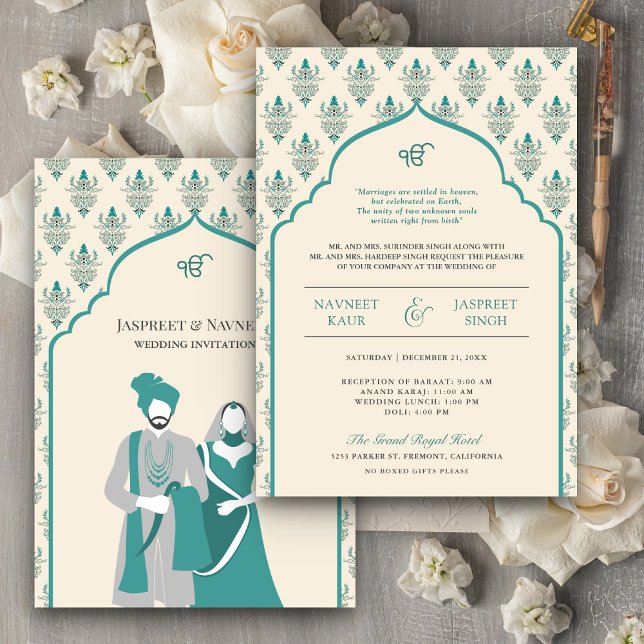 Convites Casamento Cream Teal Punjabi Anand Karaj Sikh (Criador carregado)