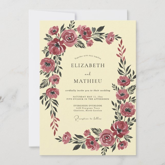 Convites Casamento Creme Eucalipto Ranunculus Borgonha (Frente)