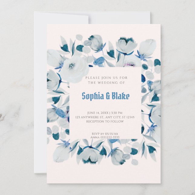 Convites Casamento Creme Floral Azul e Branco Moderno (Frente)